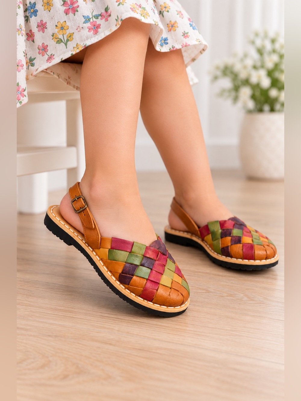 Leather Multicolored Huarache Sling Back Sandals Youth Girls shoes Size 6